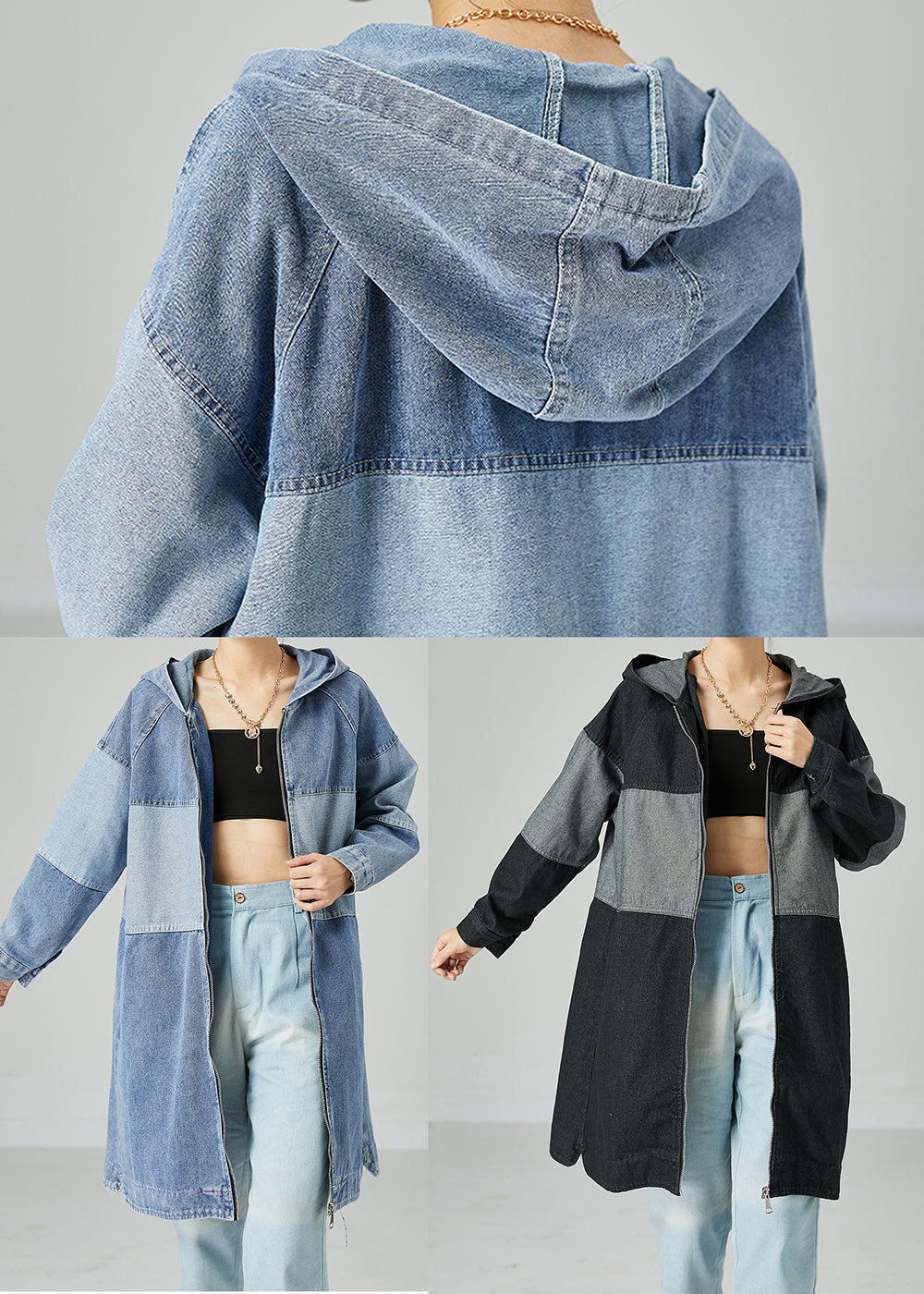Light Blue Oversized Patchwork Cotton Denim Coat Spring