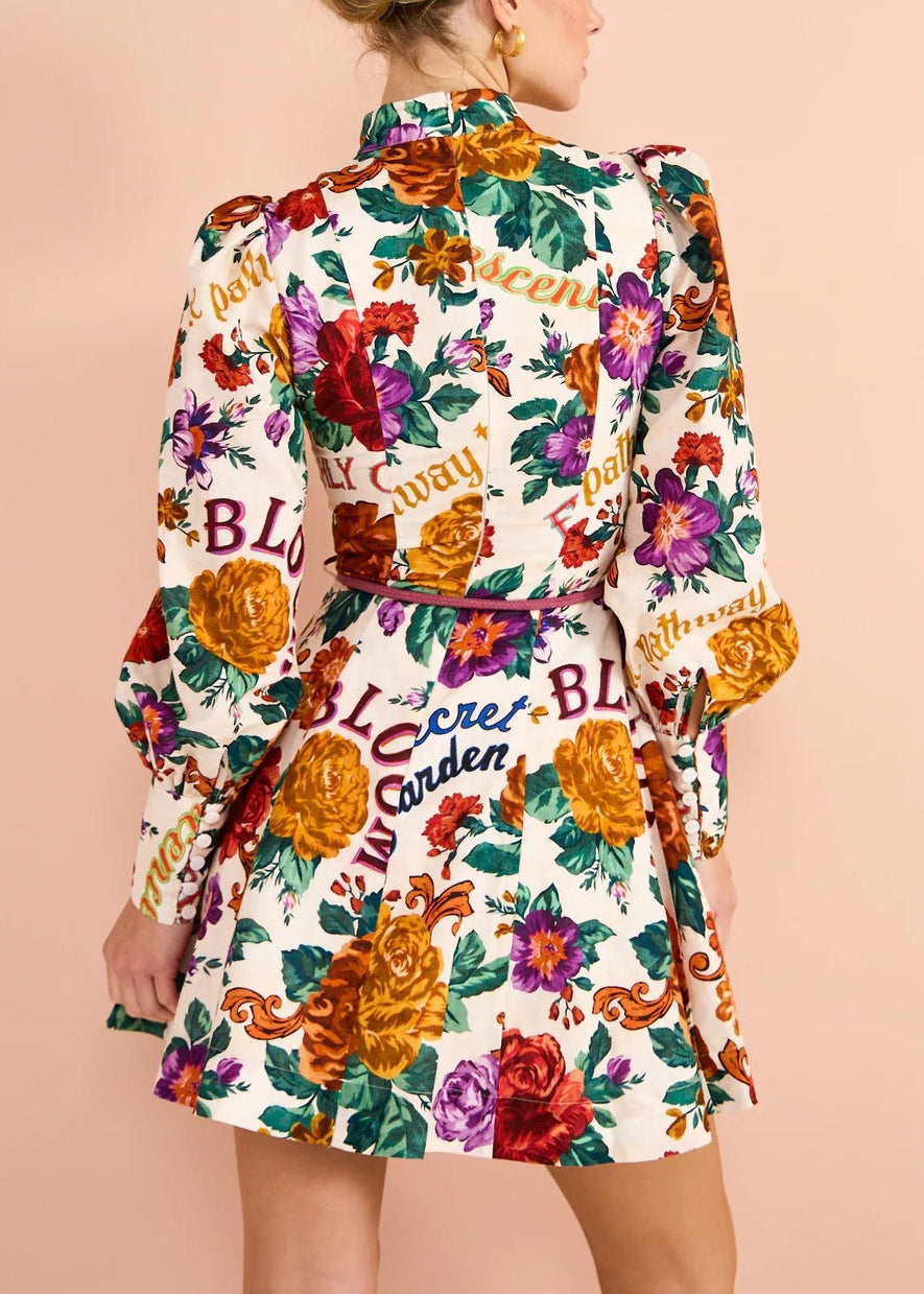 Multi Print Tie Waist Cotton Mid Dress Long Sleeve