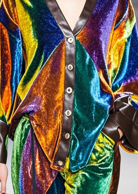 Multicolour V Neck Patchwork Silk Velvet Coat Spring