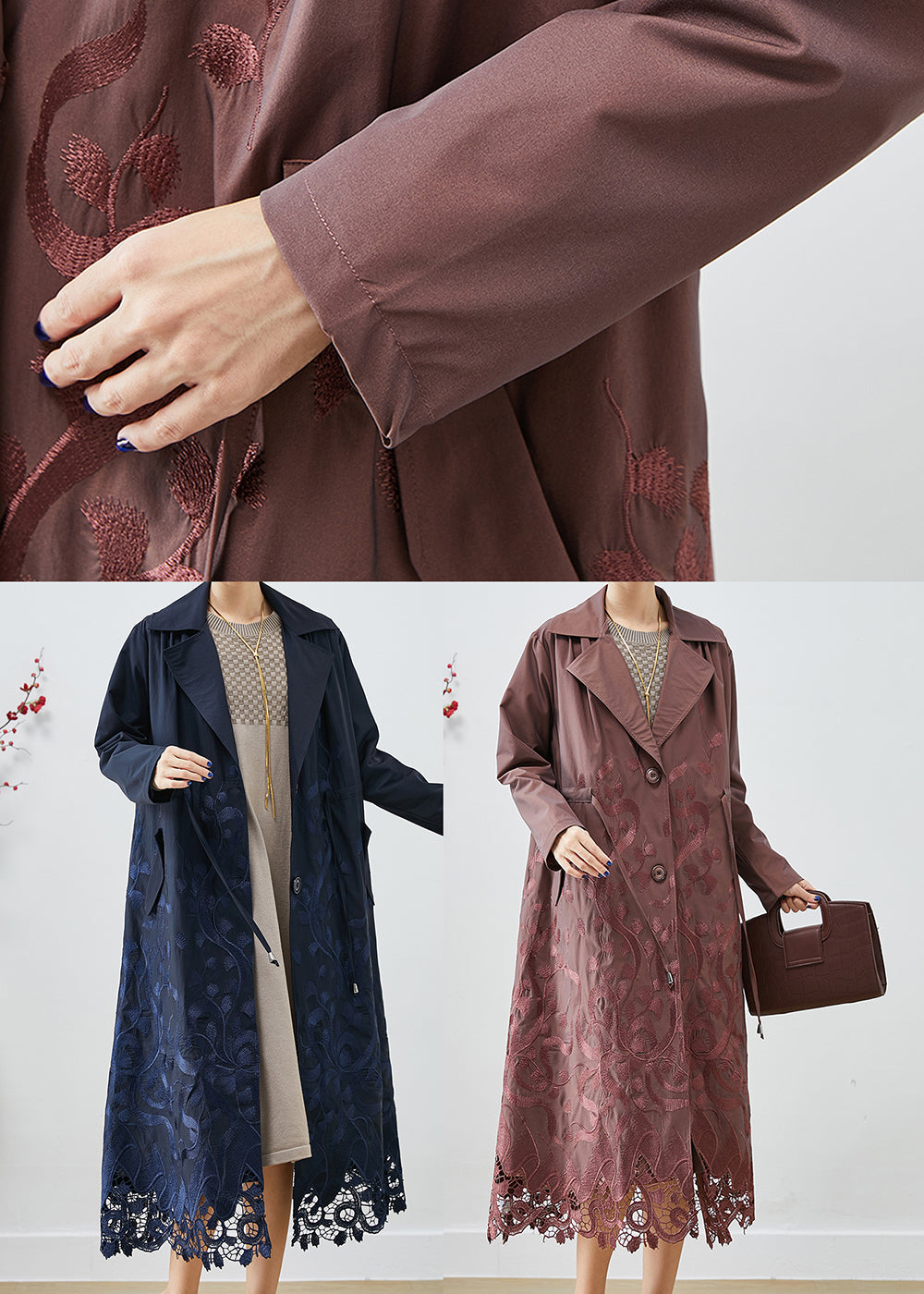 Navy Embroidered Tie Waist Spandex Trench Coats Fall