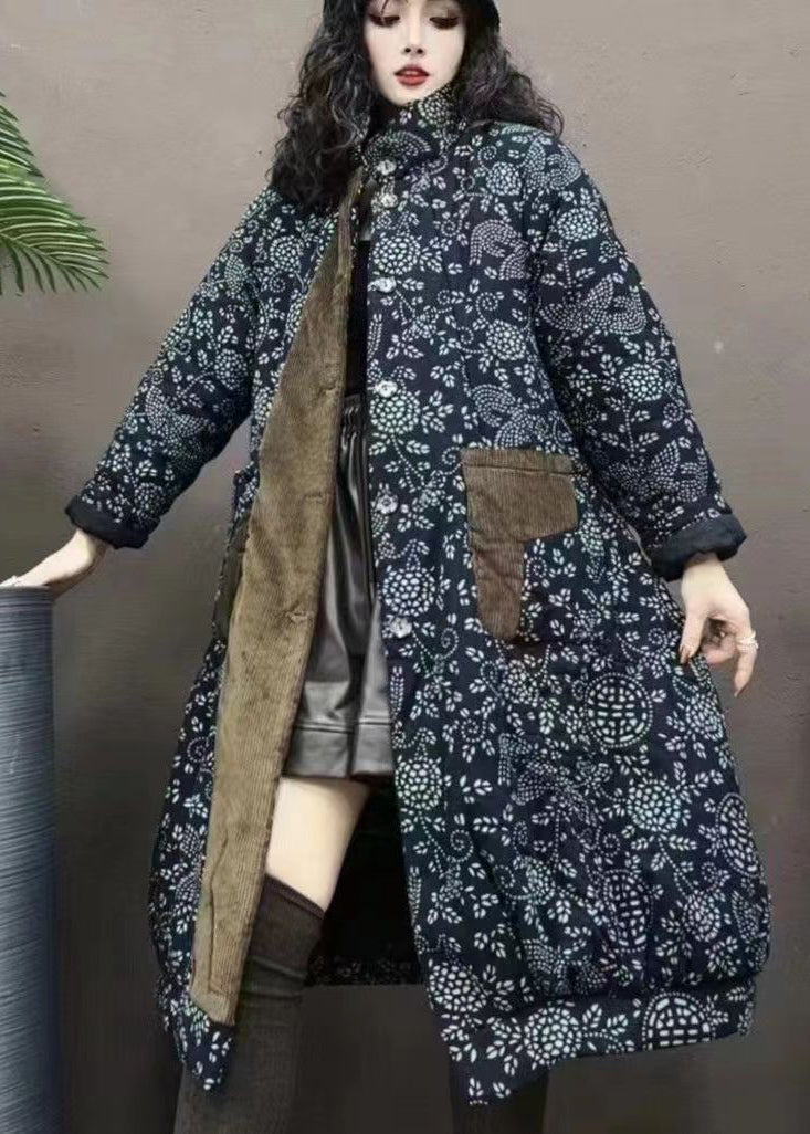 Navy Pockets Print Patchwork Warm Fleece Coats Winter