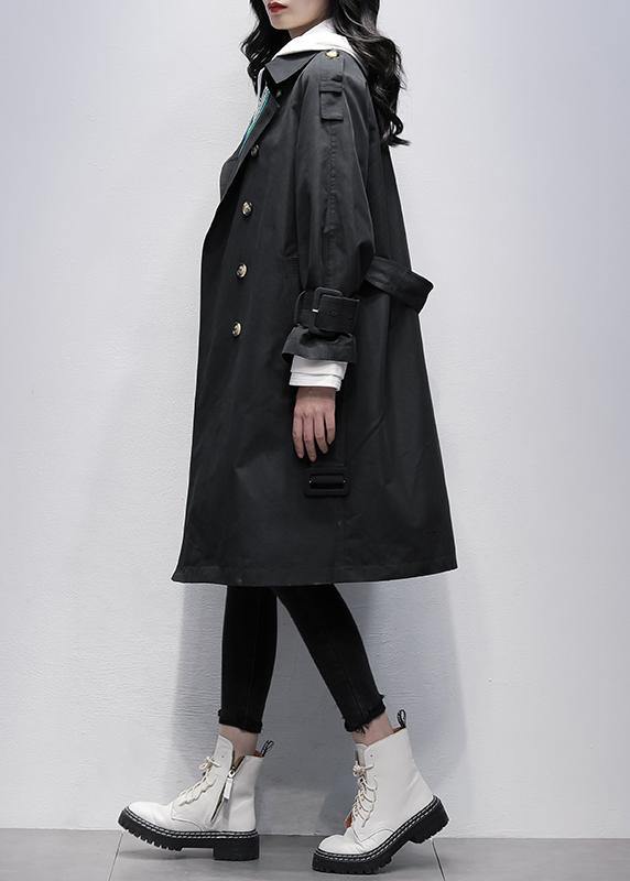 Notched Tie Waist Fine Trench Coat Black Knee Coats