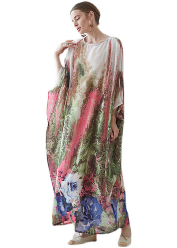 O Neck Print Chiffon Vacation Long Dresses Batwing Sleeve