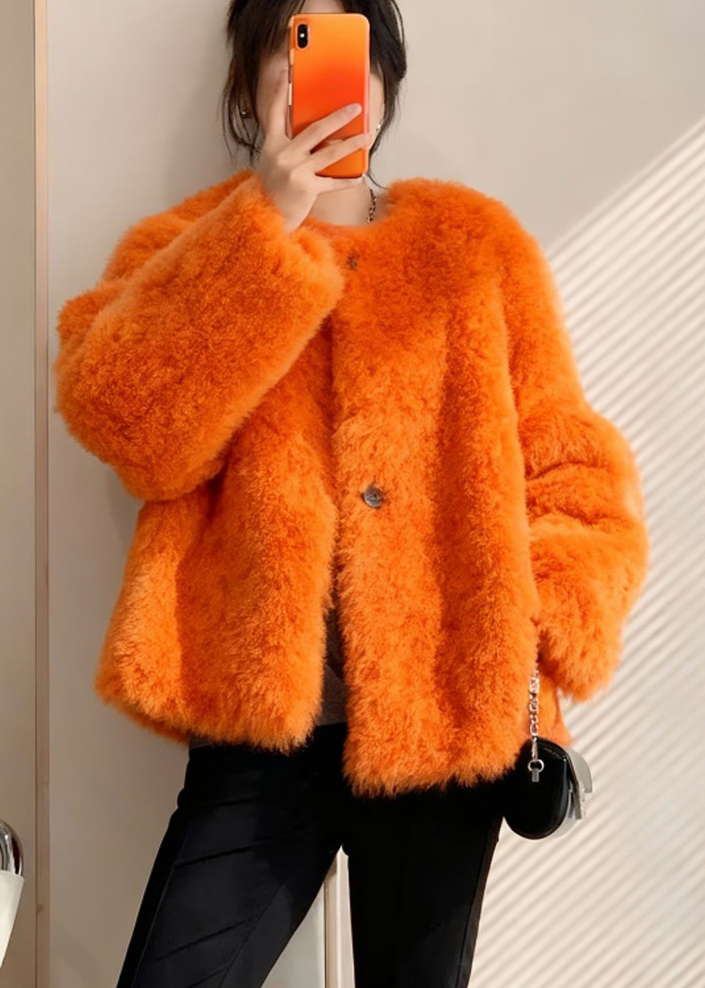 Orange Oversized Warm Faux Fur Coats Winter