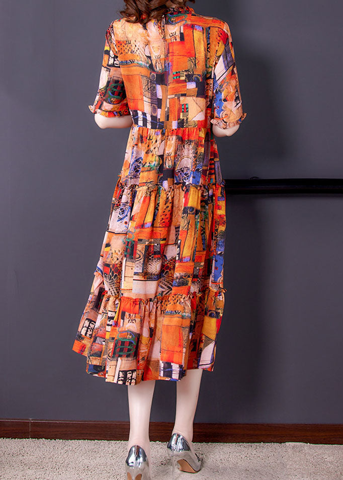 Orange Ruffled Print Patchwork Silk Dress Summer