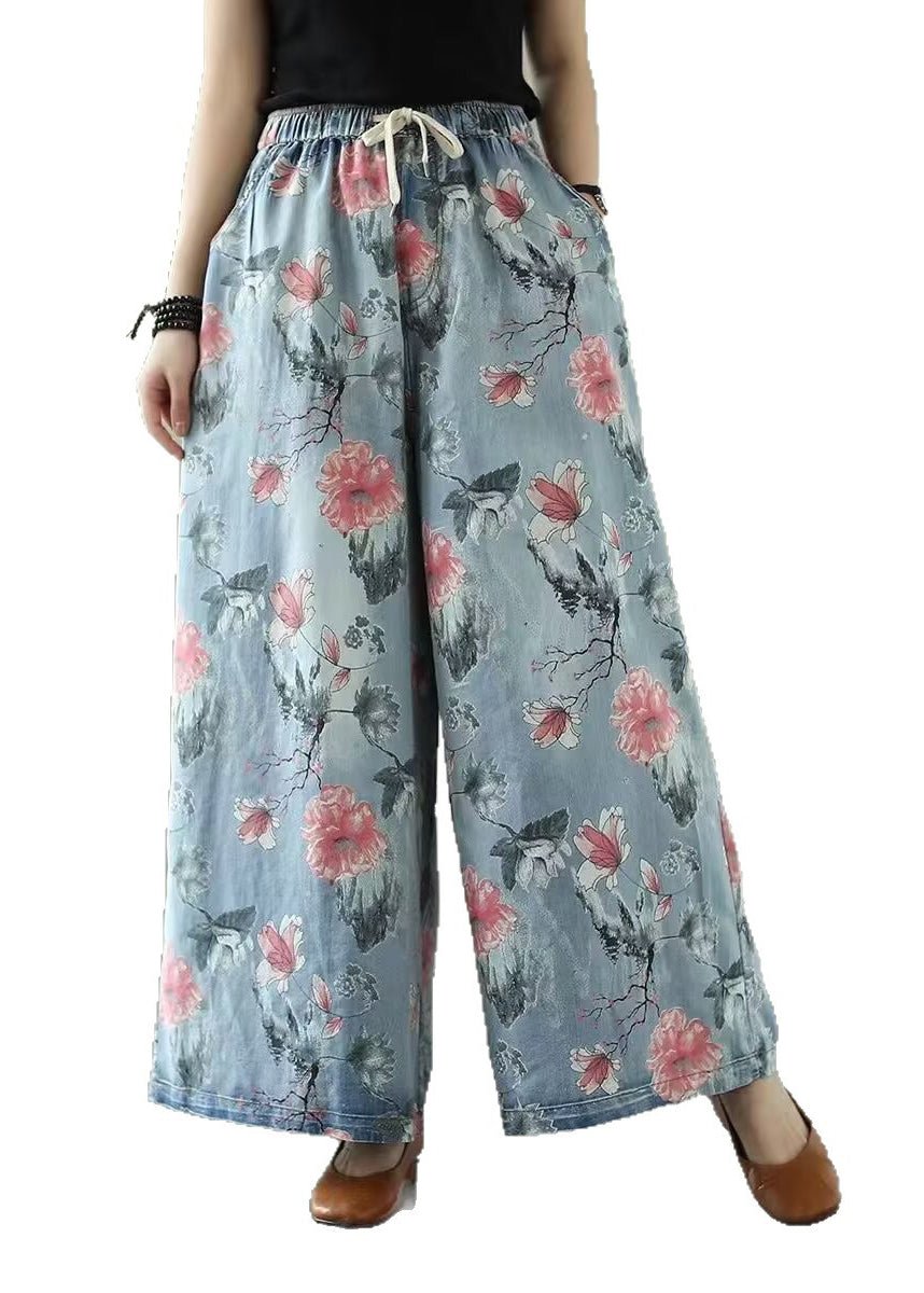 Oversized Print Denim Wide Leg Pants Summer
