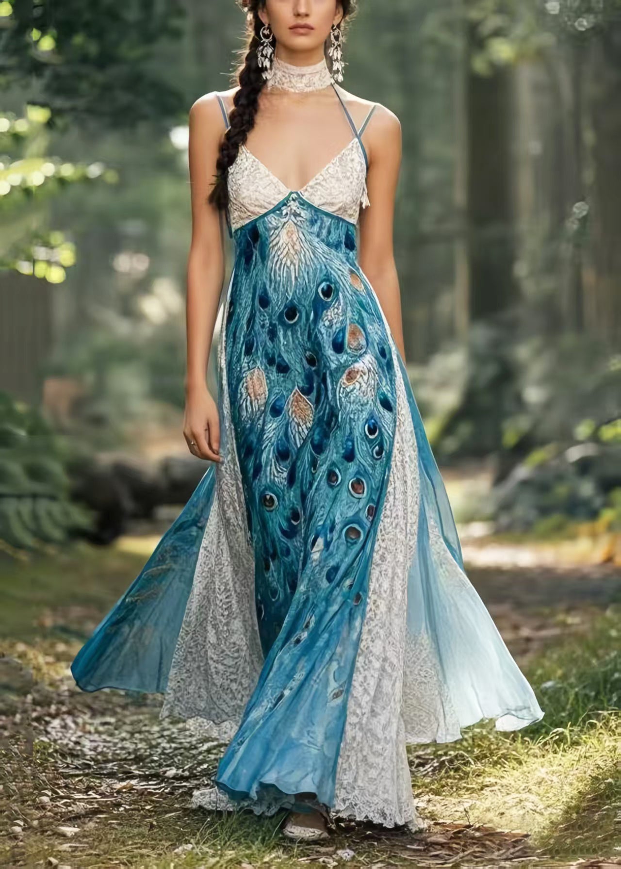 Peacock Blue Print Patchwork Exra Large Hem Chiffon Sundress Summer