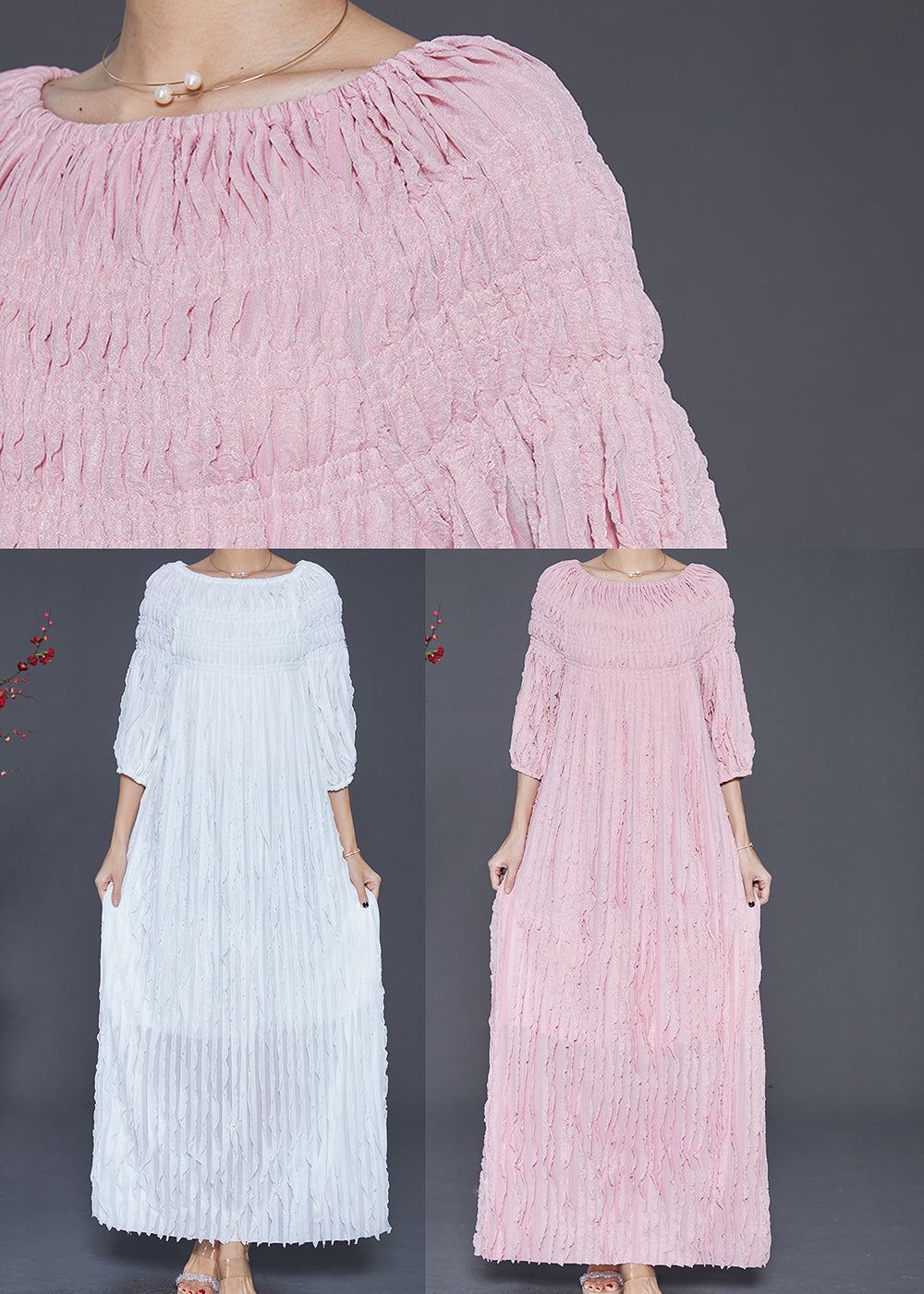 Pink Slash Neck Wrinkled Robe Dresses Fall
