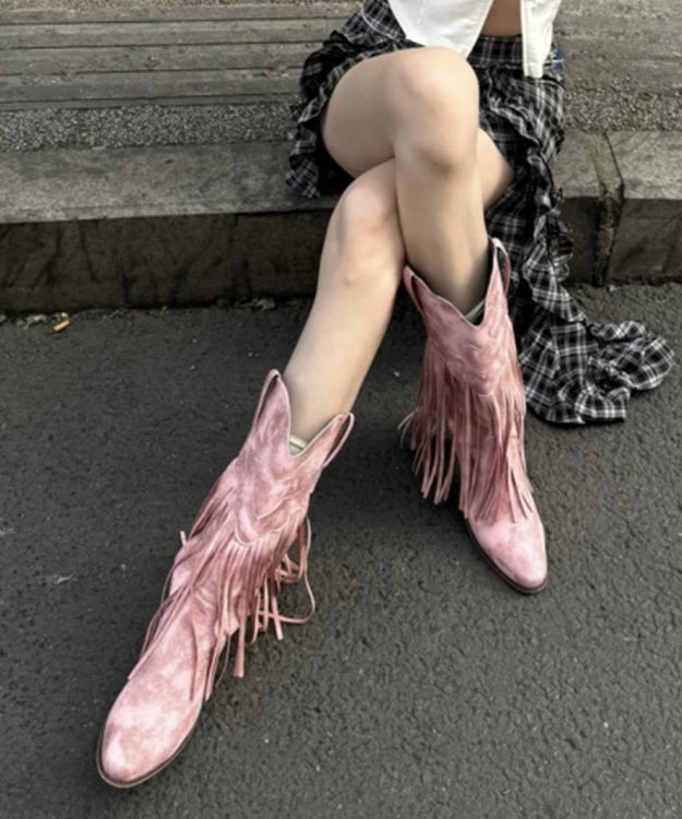 Pink Suede Splicing Chunky Boots Tassel