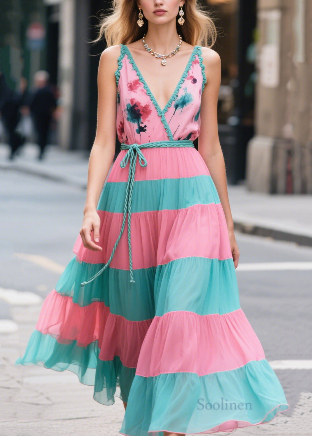 Pink Tie Waist Patchwork Chiffon Long Dresses Summer