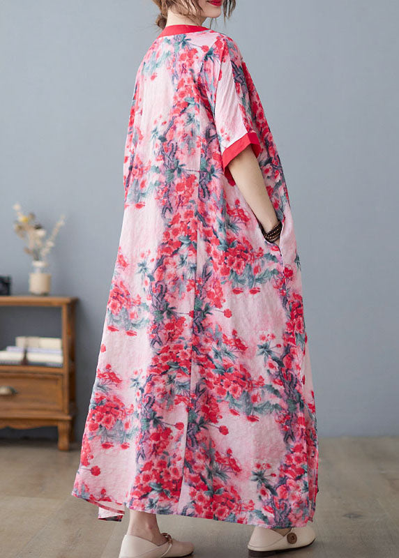 Pink V Neck Print Cotton Linen a Line Dress Short Sleeve