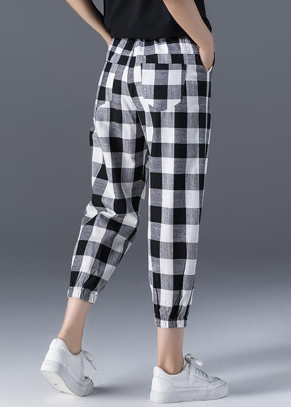 Plaid Pockets Elastic Waist Ice Silk Crop Pants Summer