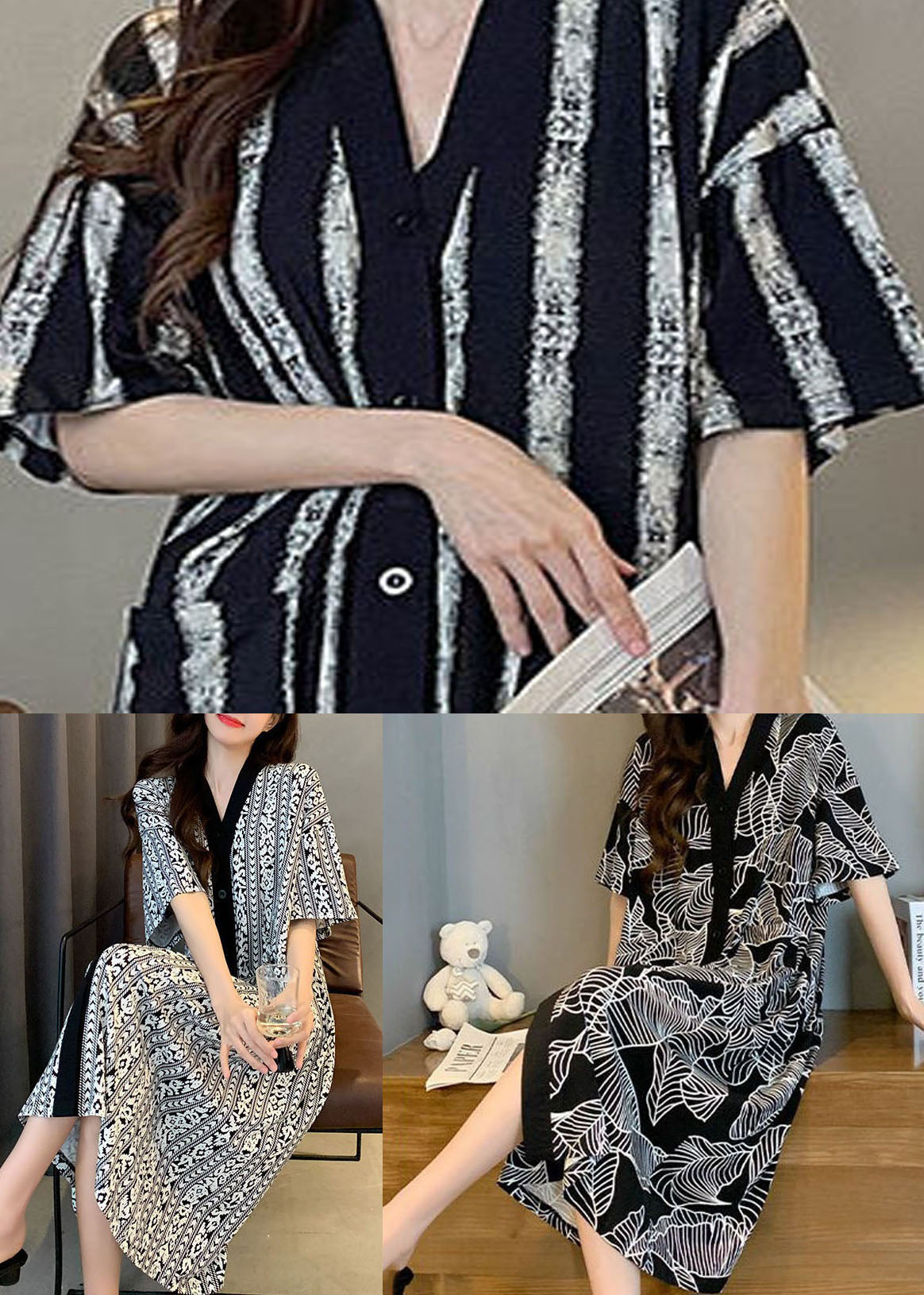 Plaid V Neck Patchwork Cotton Pajamas Dress Summer