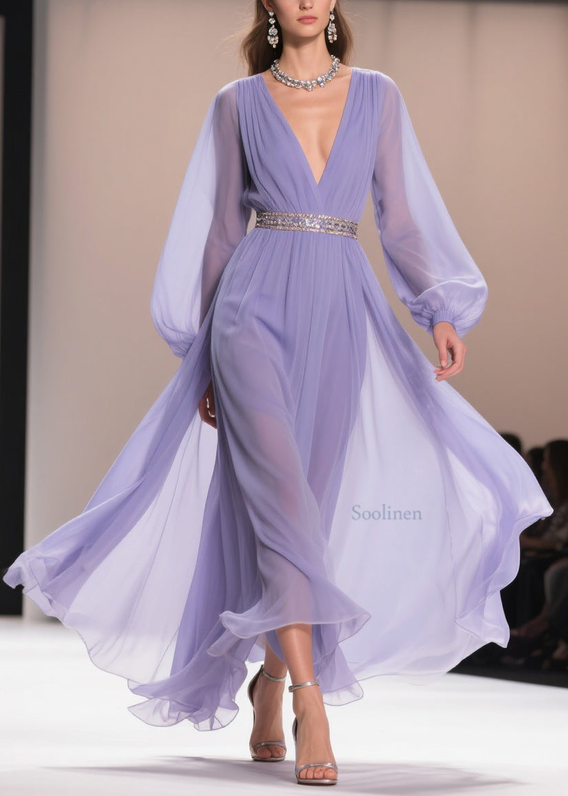 Purple V Neck Wrinkled Chiffon Exra Large Hem Dresses Spring