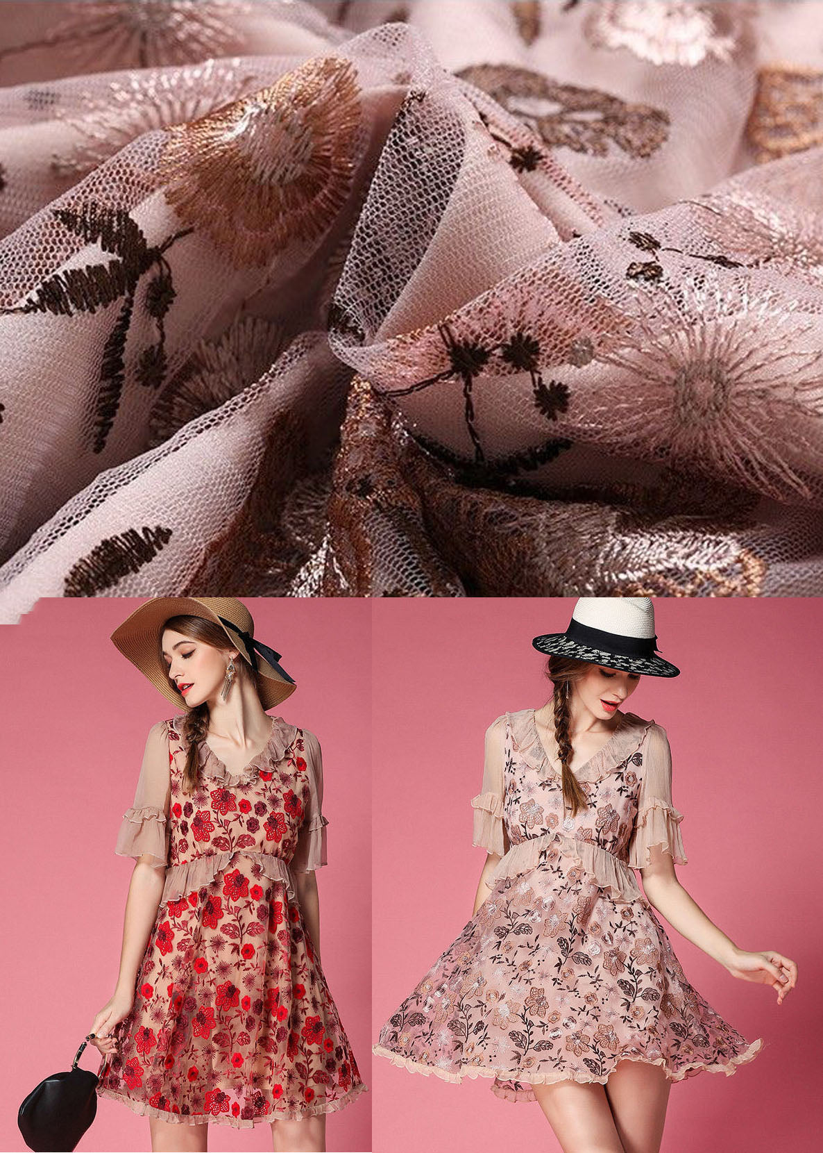 Red Embroideried Patchwork Tulle Vacation Dress Short Sleeve