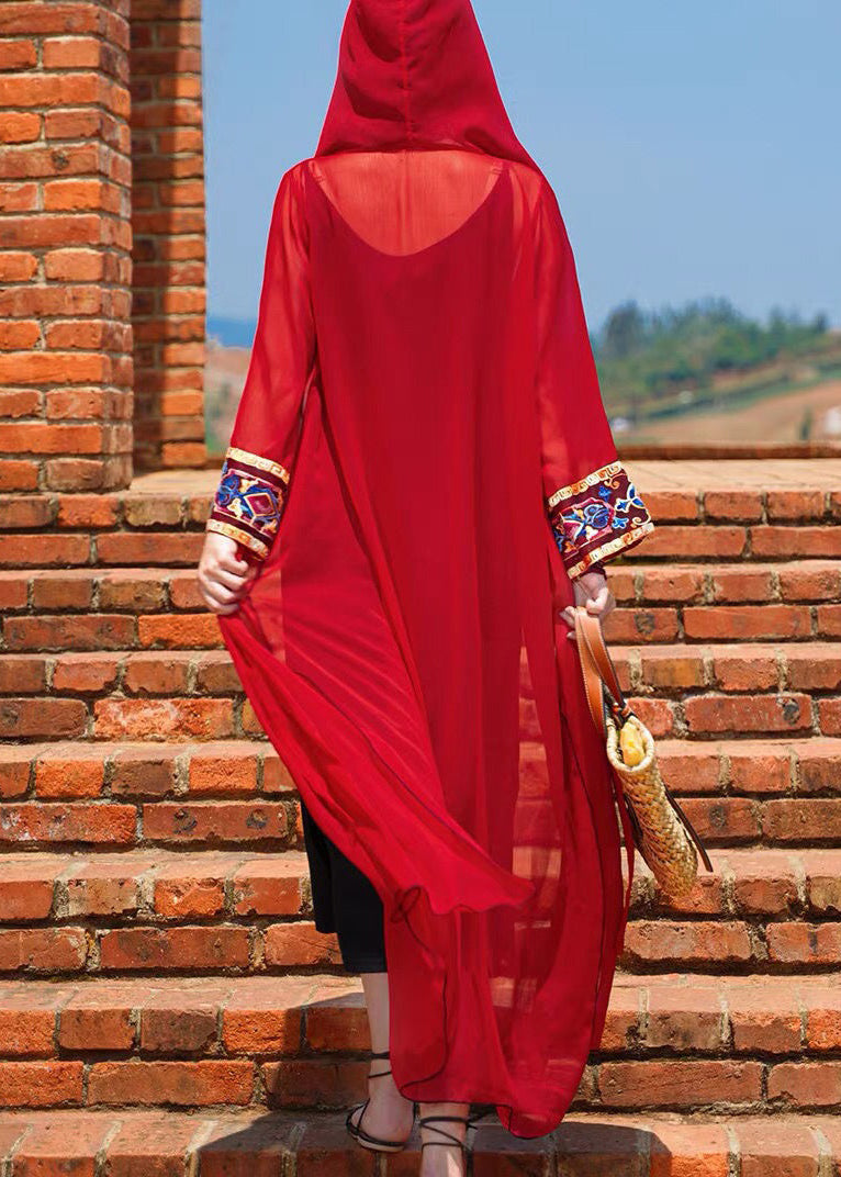 Red Hooded Lace Up Chiffon Long Cardigans Spring