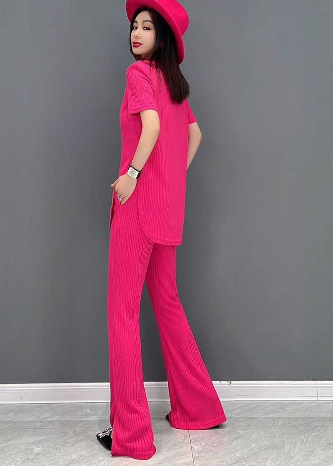 Red O-neck Side Open Letter Cotton Tops and Flare Pants Two Piece Set Outfits Short Sleeve