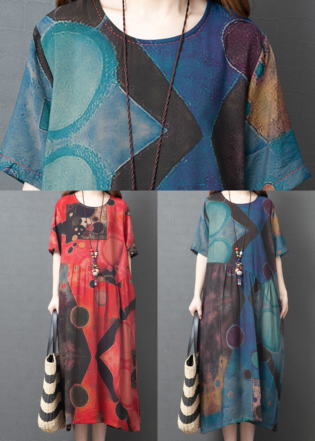 Red Oversized Print Linen Dress Summer