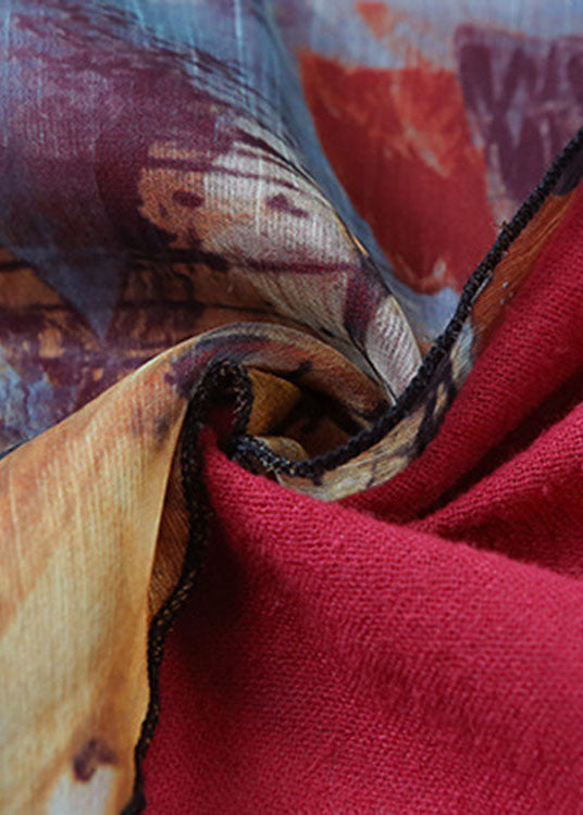 Red Patchwork Scarf Collar Cotton Cardigans Short Sleeve