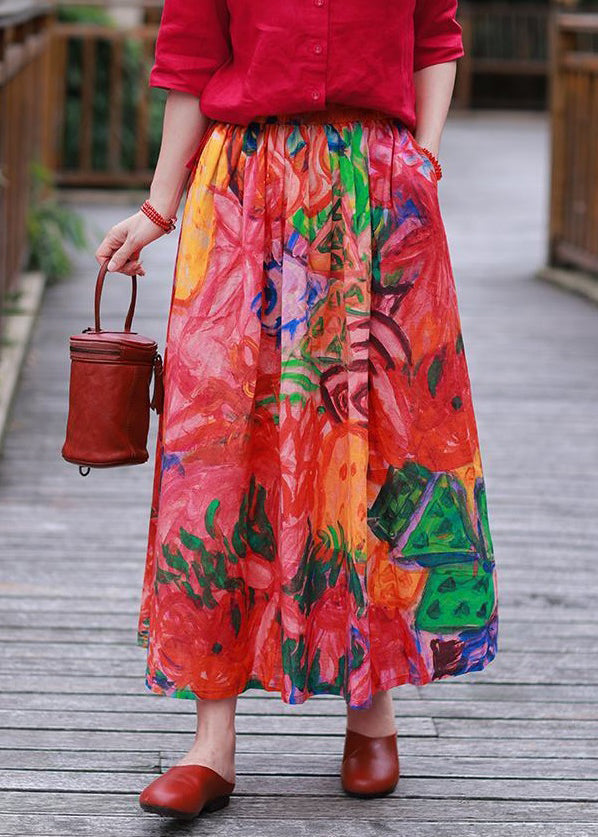 Red Pockets Elastic Waist Cotton Skirt Spring