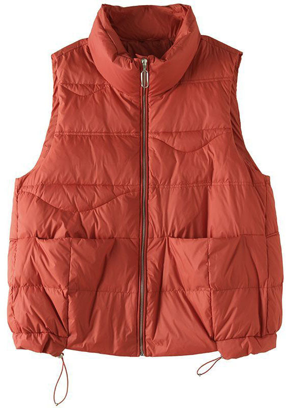 Red Stand Collar Zip Up Pockets Drawstring Duck Down Vest Winter