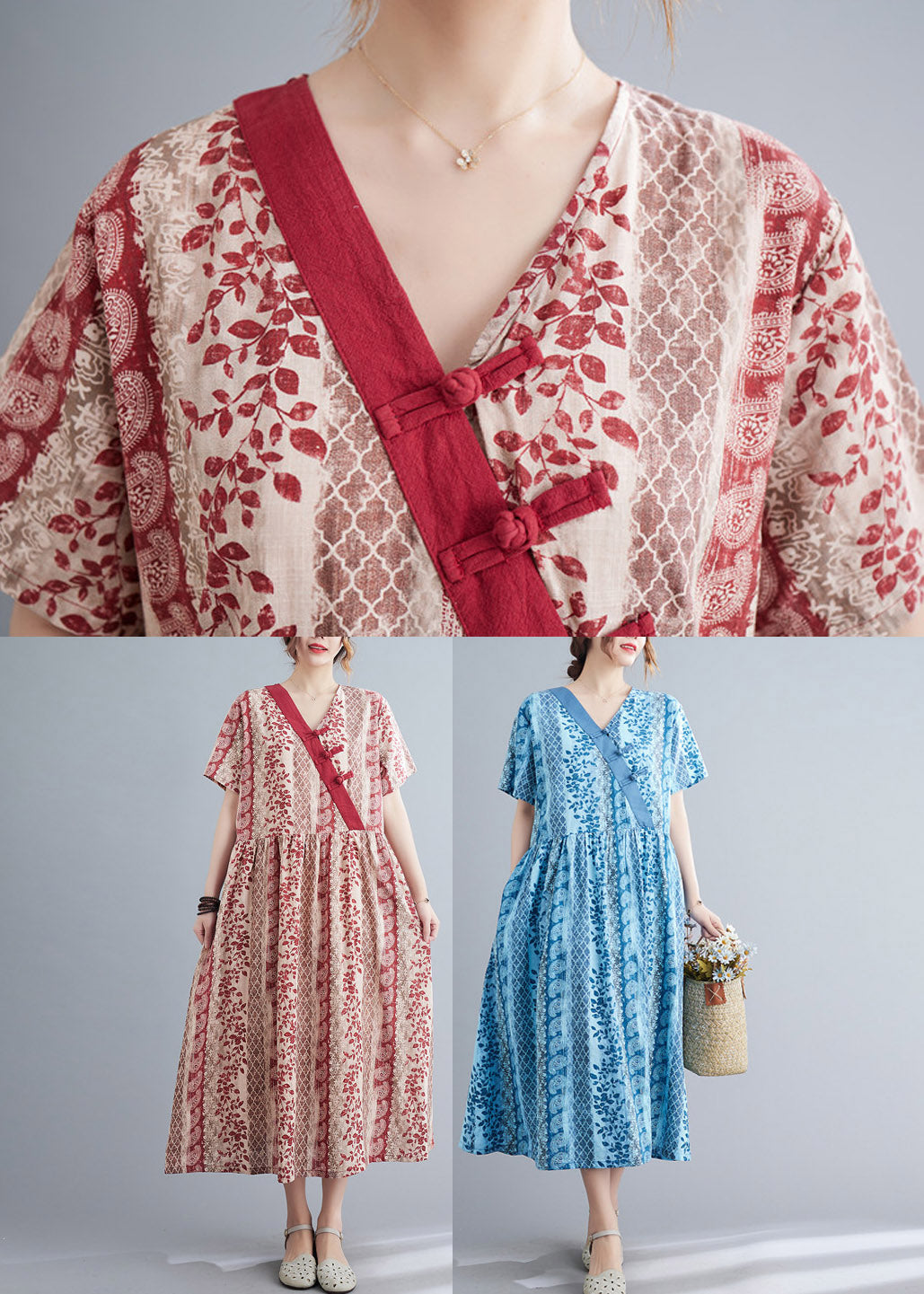 Red V Neck Print Button Long Dress Short Sleeve