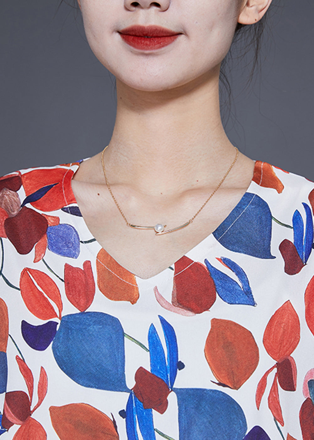 Red V Neck Print Silk Cinched Dress Spring