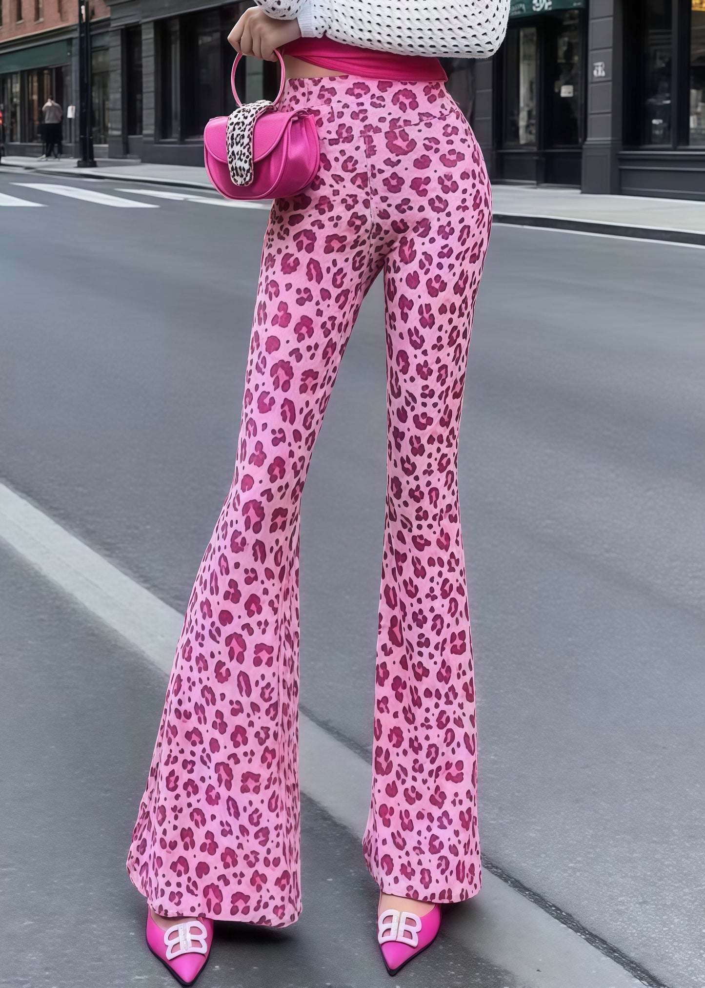 Rose Tummy Control Leopard Print Cotton Flared Trousers Summer