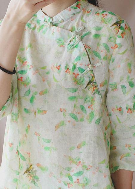 Bohemian Stand Collar Half Sleeve Clothes For Women Green Leaves Tops