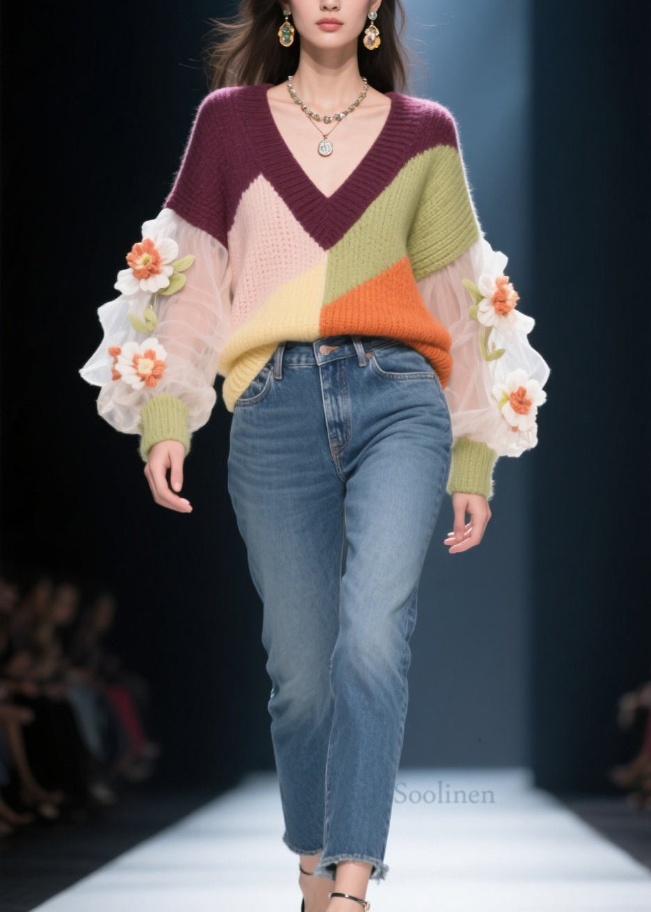 V Neck Patchwork Knit Short Sweater Fall