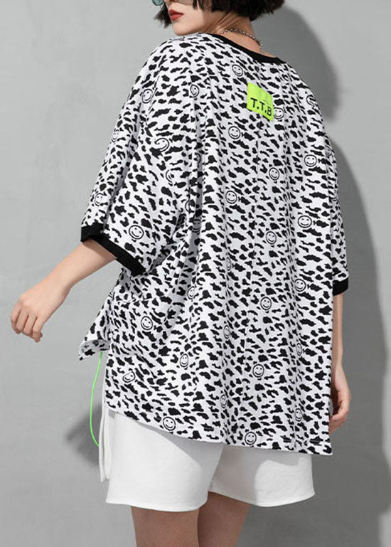 White O-neck Drawstring Leopard Cotton T Shirt Short Sleeve