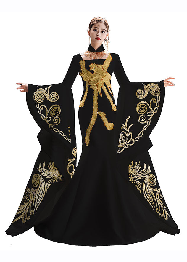 White Stand Collar Embroidered Silk Fishtail Long Dresses Long Sleeve