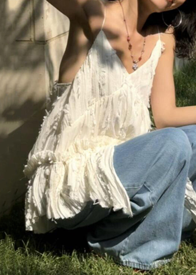 White V Neck Ruffled Cotton Spaghetti Strap Tank Sleeveless