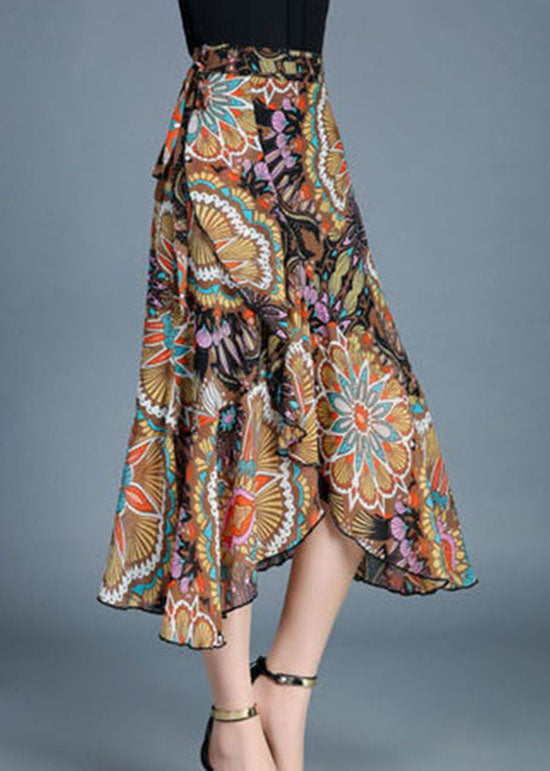 Yellow Asymmetrical Ruffles Dotted Daisy Print Chiffon Skirts Summer