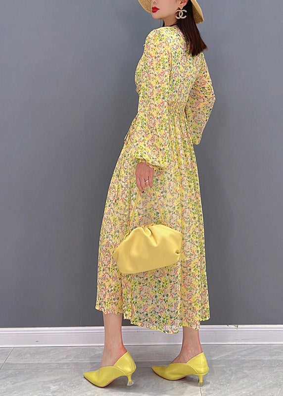 Yellow O-neck Print Wrinkled Chiffon Long Dress Long Sleeve