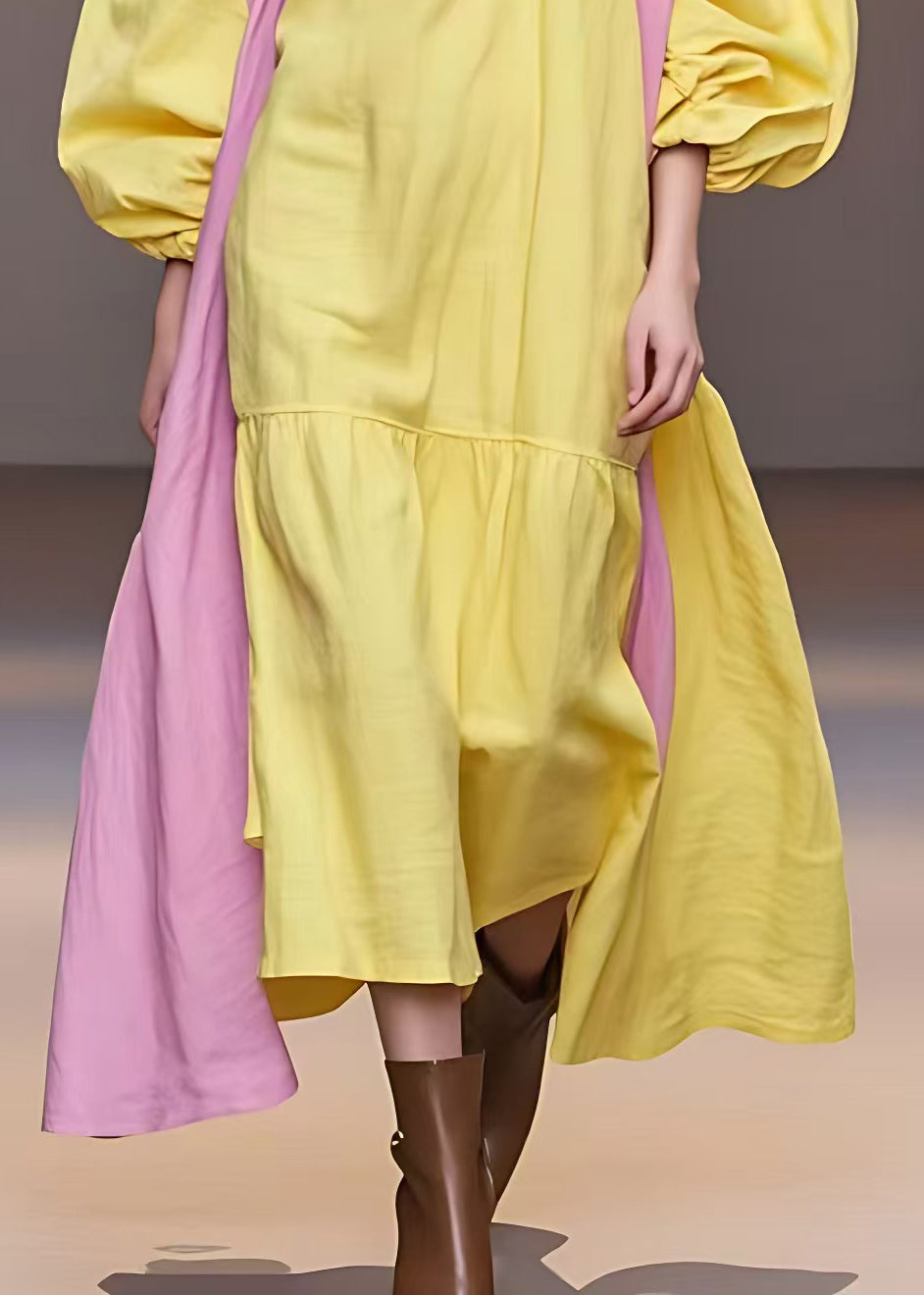 Yellow Turtleneck Patchwork Cotton Long Dresses Fall