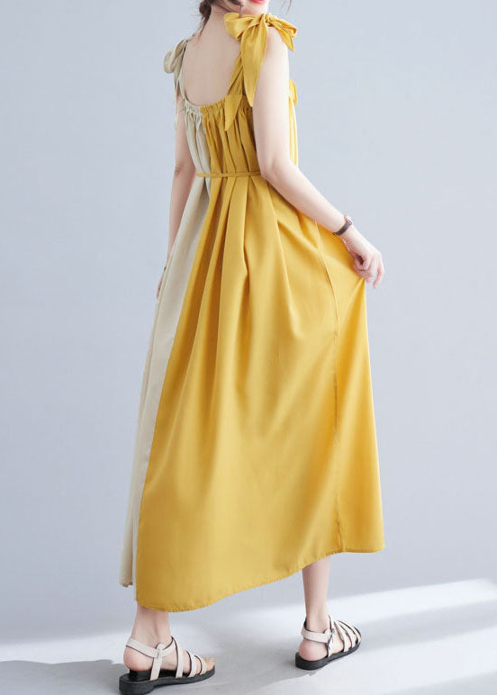 Yellow Wrinkled Patchwork Cotton Summer Beach Dress Sleeveless