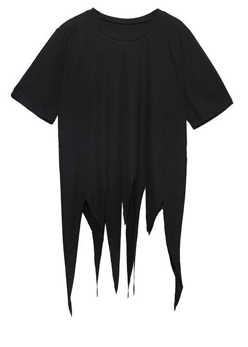 Asymmetric Hem Cotton Long Shirts Design Black O Neck Shirts Summer