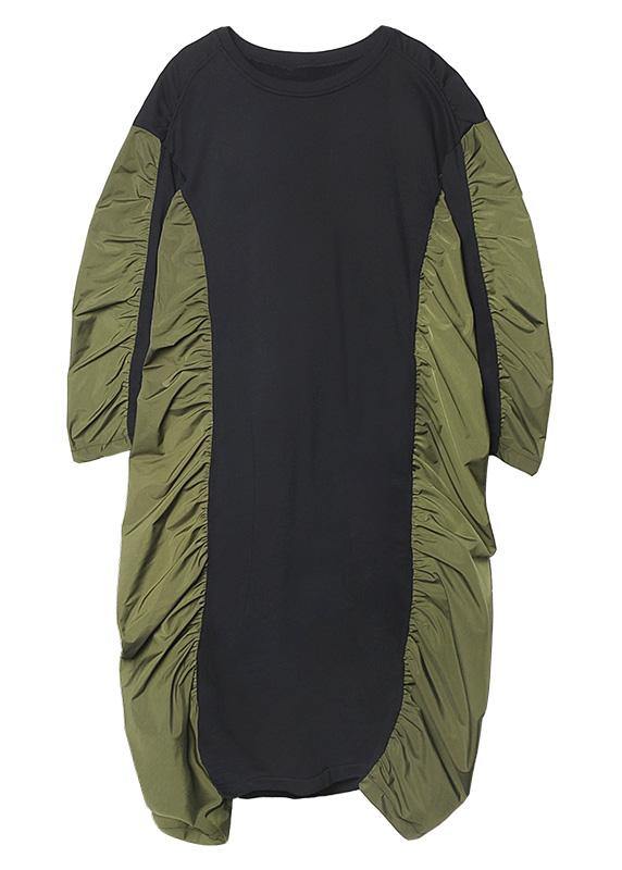 Green Tunics O Neck Patchwork Cinched Maxi Fall Dress