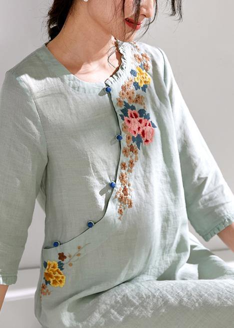 Green Linen Clothes for Embroidery a Line O Neck Dresses