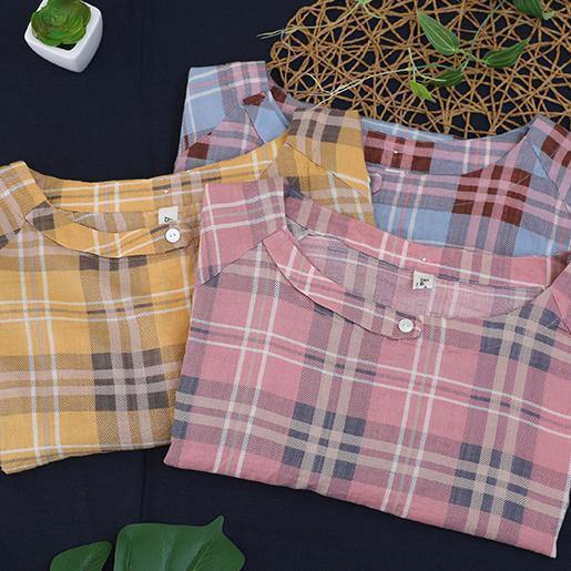 O Neck Button Down Cotton Summer Tops Sewing Blue Plaid Blouses
