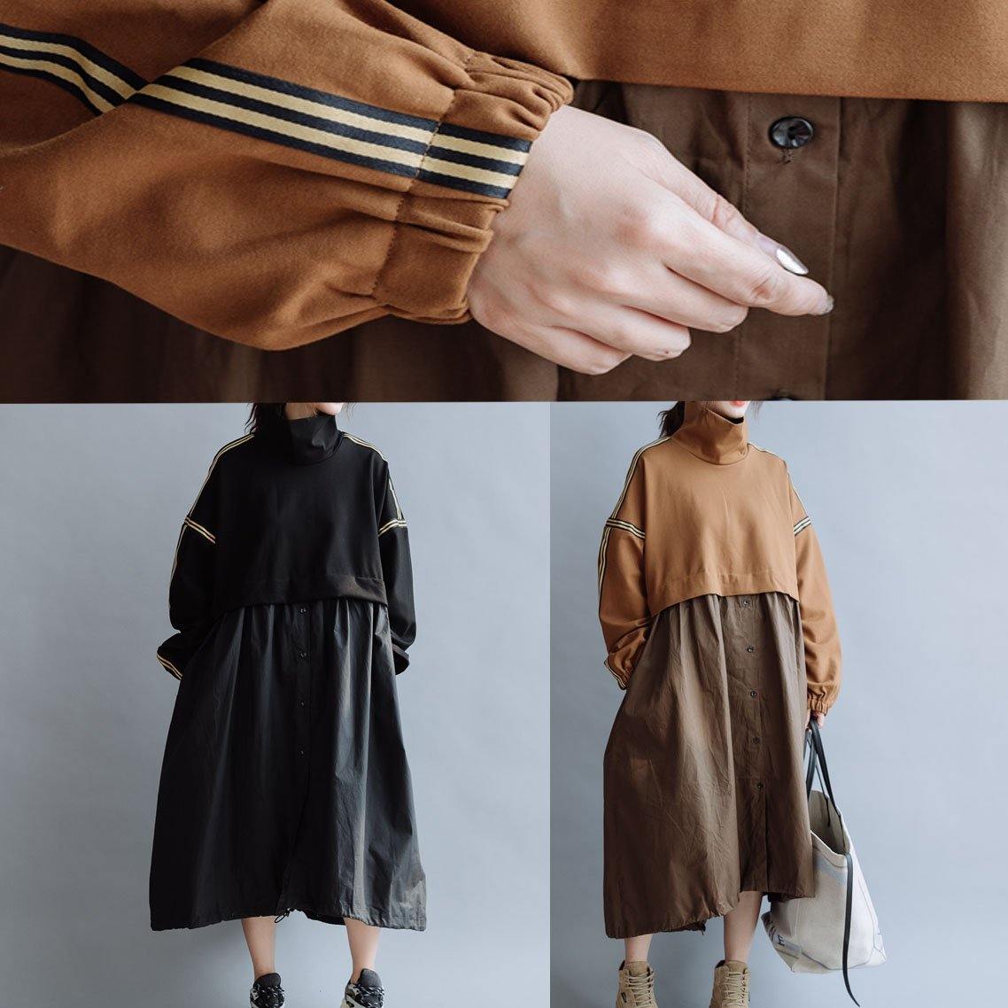 Patchwork High Neck Cotton Clothes Work Outfits Brown Traveling Dresses Fall