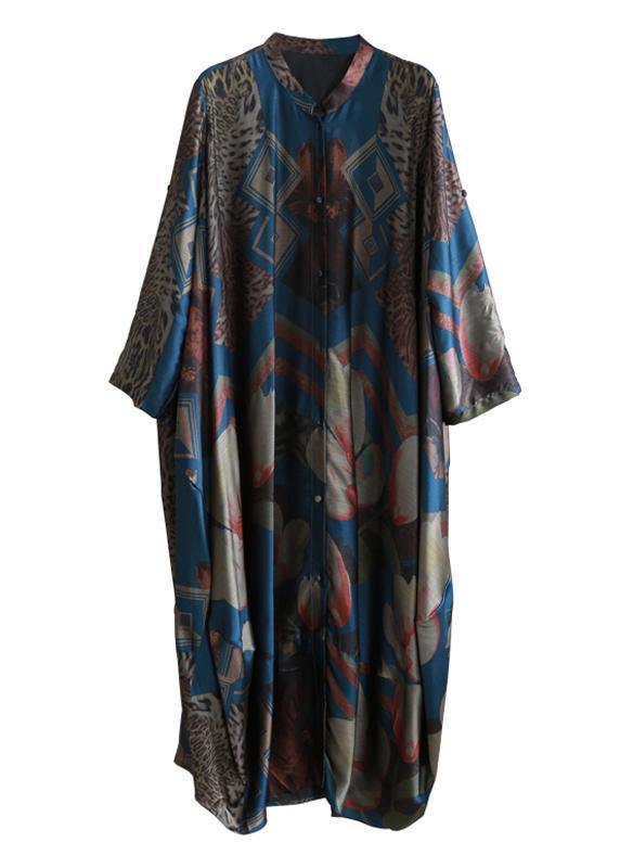 Stand Collar Asymmetric Clothes for Ideas Dark Blue Print Dress