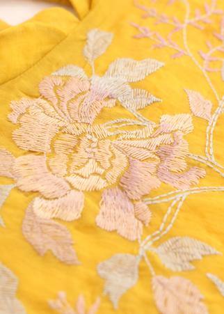 Stand Collar Linen Clothes for Yellow Embroidery Dresses