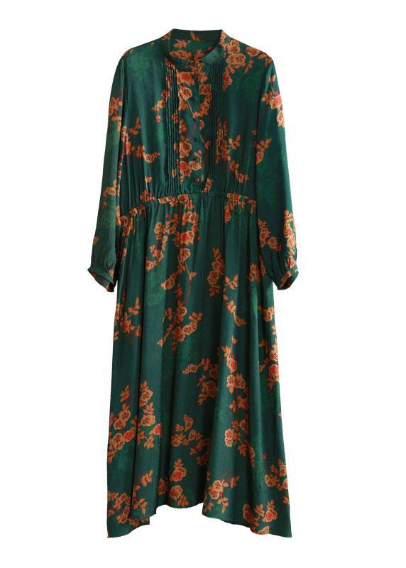 Stand Collar Cinched Quilting Clothes Fabrics Green Print Kaftan Dresses