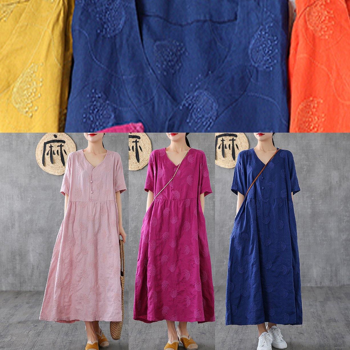 V Neck Embroidery Linen Dresses Tutorials Navy Dress