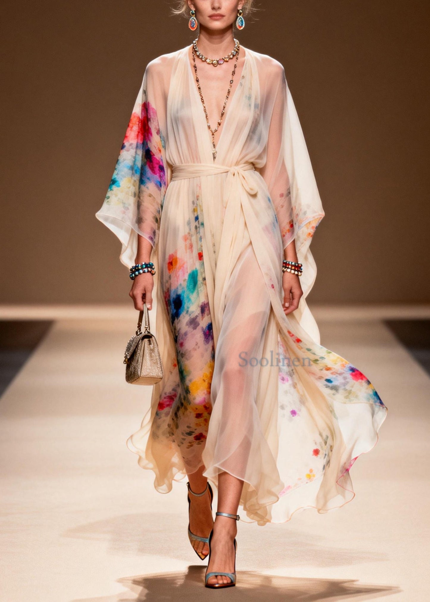 Apricot Tie Waist Print Chiffon Ankle Dress Summer