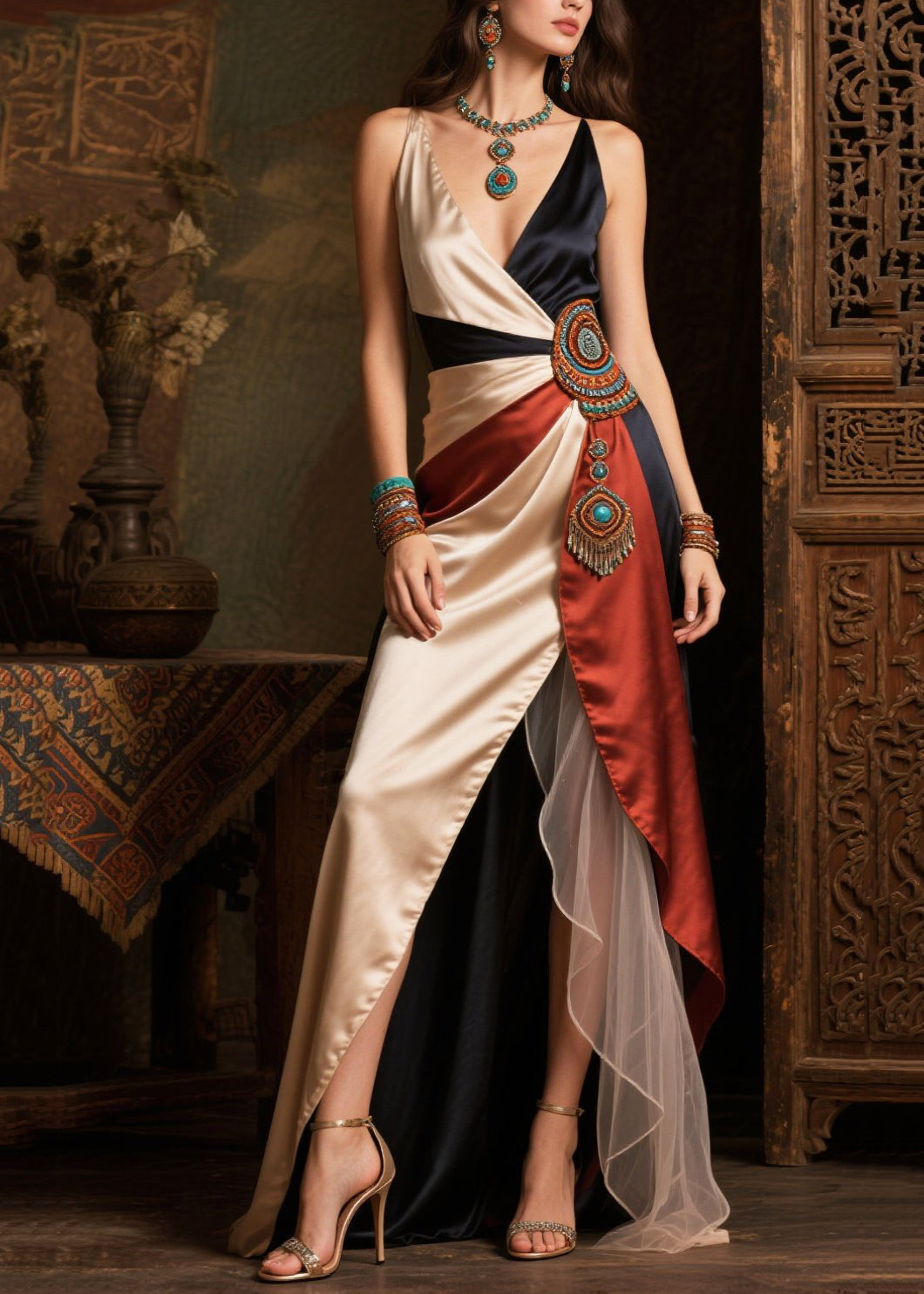 Asymmetrical Patchwork Side Open Silk Dinner Dress Summer