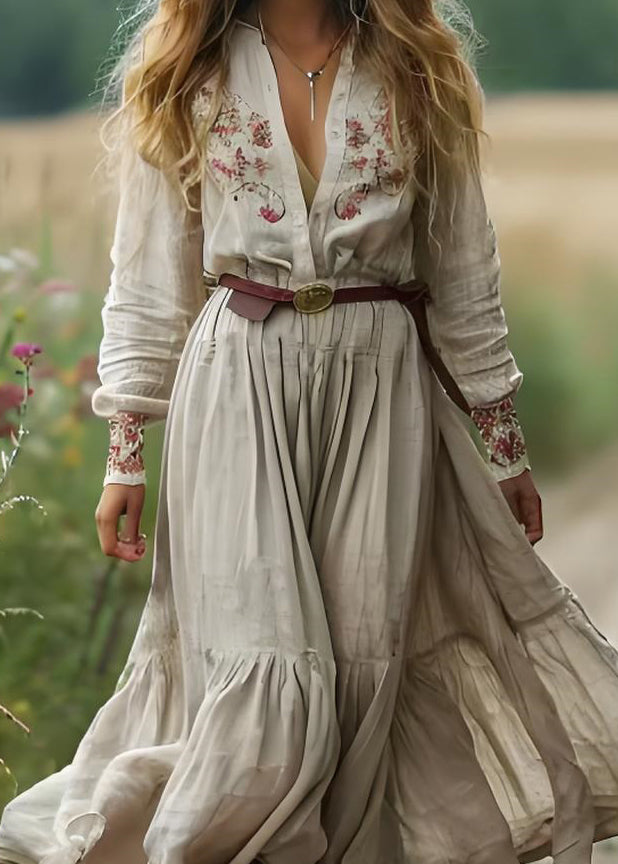 Beige V Neck Print Patchwork Cotton Long Dress Spring