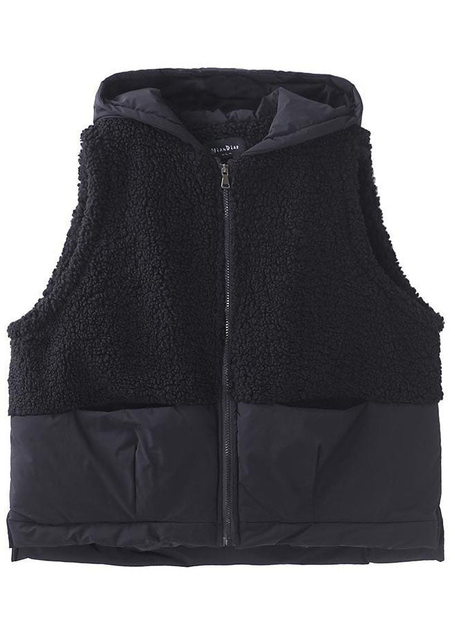 Black Hooded Zippered Pockets Patchwork Winter Waistcoat